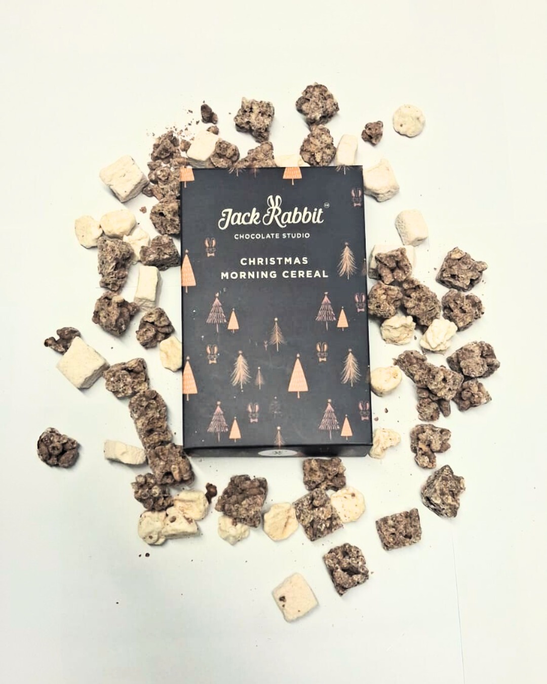 Festive Christmas Morning Cereal by Jack Rabbit Chocolate Studio – a mix of milk chocolate rice crispies, cinnamon marshmallows, and meringue pieces in a luxury holiday treat.