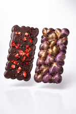 Dark chocolate slab with cranberry and strawberry pieces artisan chocolate bar