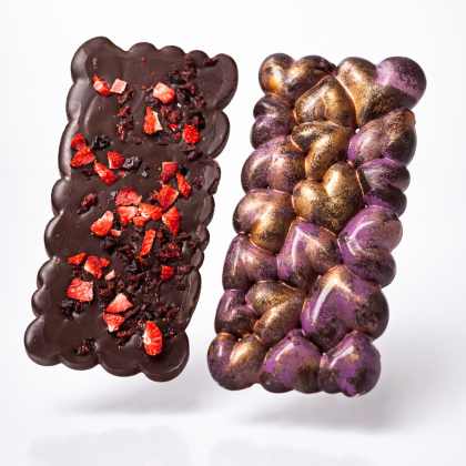 Dark chocolate slab with cranberry and strawberry pieces artisan chocolate bar