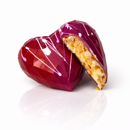 Milk chocolate geometric heart filled with carrot cake and mascarpone ganache for Mother’s Day